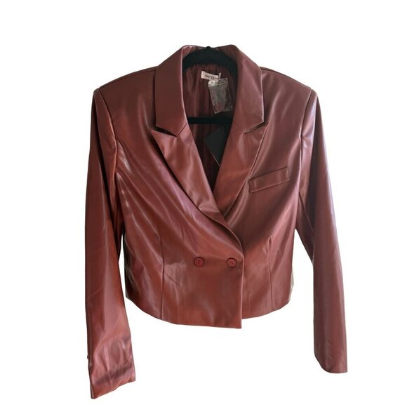 NWT Area Stars Brown Faux‎ Leather Double-Breasted Cropped Blazer Jacket - Picture 3 of 12